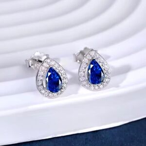 S925 Sterling Silver Pear Cut Blue Cubic Zirconia Stud Earrings Water Drop Cute